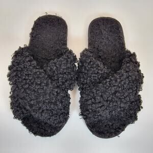 Fuzzy Cross Strap House Slippers Womens 7.5-8.5 Black Cozy Sherpa Slides